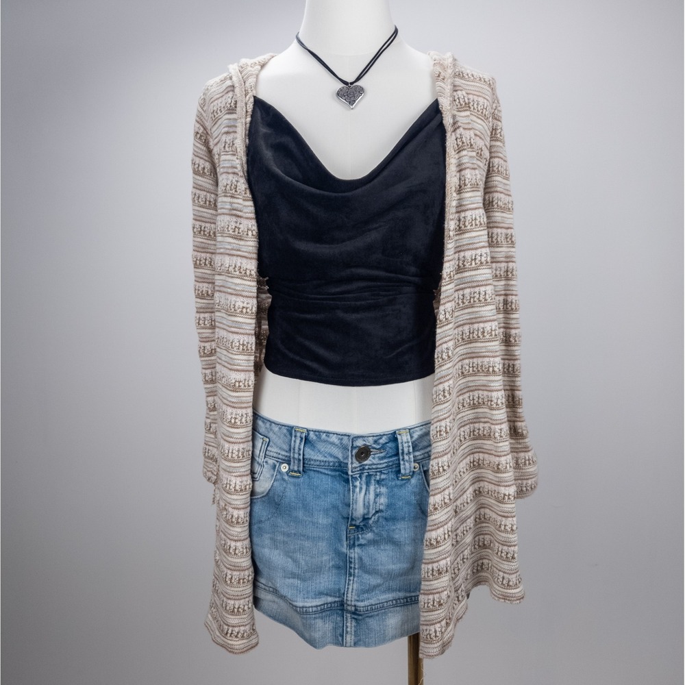 Vintage Hooded Knit Cardigan - Longline Boho Y2K Striped Sweater‎ - Women's S